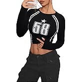 SOLY HUX Women's Y2K Jersey Crop Top Long Sleeve Number Graphic Tees Tight Fitted Going Out T Shirts Striped Shirt