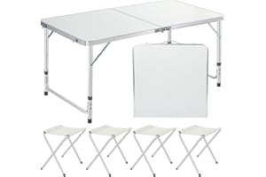 miikoul 4 Foot Folding Table with 4 Chair Set, Portable Plastic Dining Table Adjustable Height, Heavy Duty Fold-in-Half Camping Table with Carrying Handle for Picnic,BBQ, Indoor & Outdoor (White)