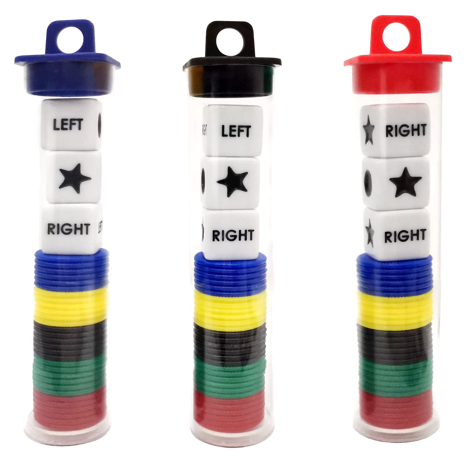 Photo 1 of Ahoper Left Right Center Dice Game Prime Set Bundle with 3 Dices + 30 Chips - 3 Sets Assorted Colors Round Tube Storage is Very Convenient for Travel. Easy to Store, Carry Around.(3 Pack)
