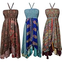 Wholesale Lot Of 3 Pcs Womens Halter Dress Recycled Silk Sari Vintage Two Layer Wandering Beauty Sundress