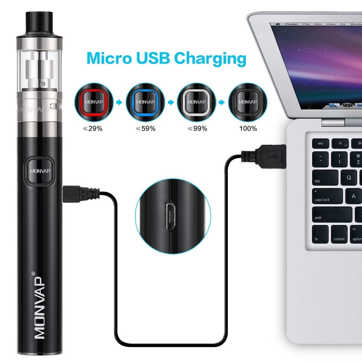 E Zigaretten Starter Set 50W, MONVAP M50 Vape Pen mit 5x10ml E Liquid, Top Refill Verdampfer o.5ohm 2ml, 1500mAh Vape Akku, E Shisha Ohne Nikotin 0.0mg