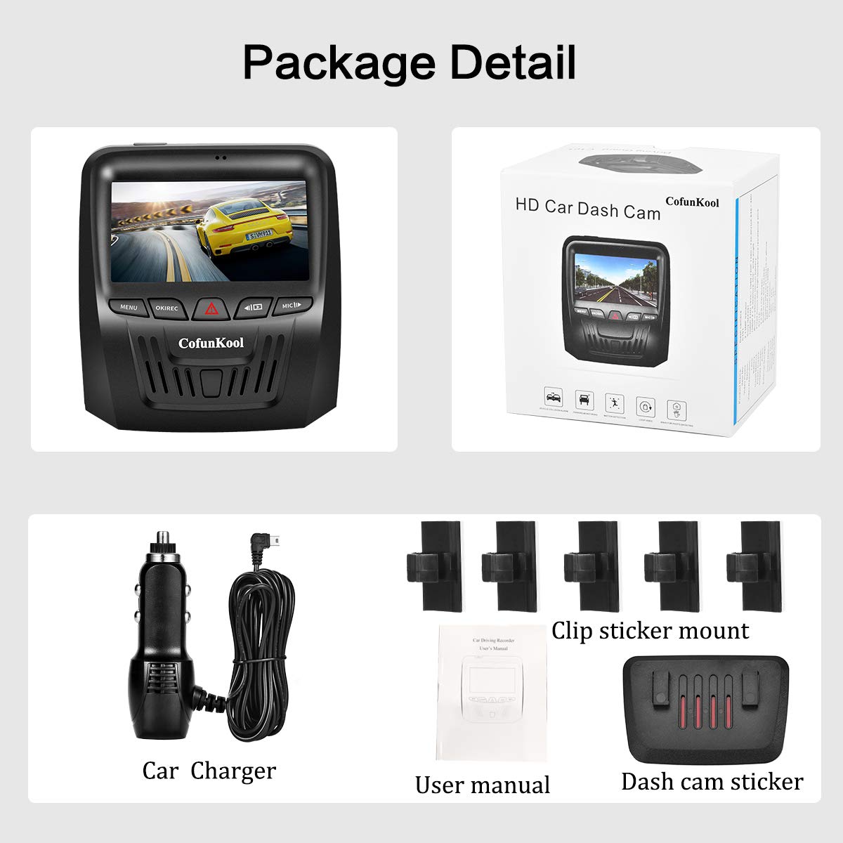 CofunKool Car Dash Cam 1080P Full HD Dashboard Camera Recorder with 150 Wide Angle G-Sensor HDR Loop Recording Motion Detection