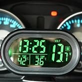 Shkalacar Digital Thermometer and Clock - LED Lighted Auto Dual Temperature Gauge Voltmeter Voltage Tester for Car Dashboard, DC 12V