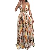 Remelon Womens Sexy Spaghetti Strap Deep V Neck Floral Boho Criss Cross Backless Chiffon Beach Party Long Maxi Dress