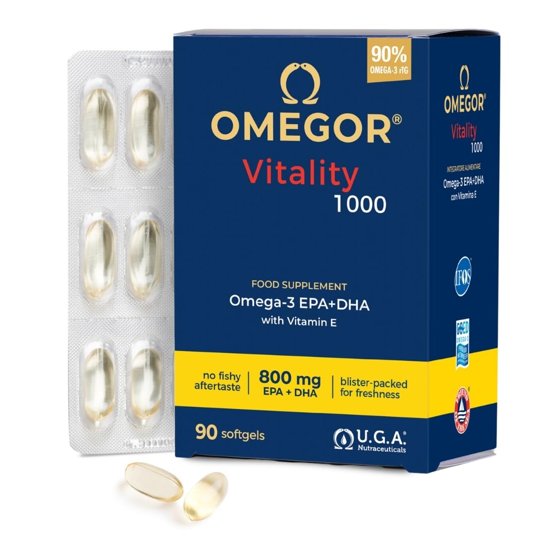 Omega 3 Capsules High Strength - OMEGOR Vitality 1000 Omega3 Supplement with 535mg EPA and 268mg DHA for Heart, Brain and Eye Vision - No Fishy Aftertaste (90 Softgel Caps)