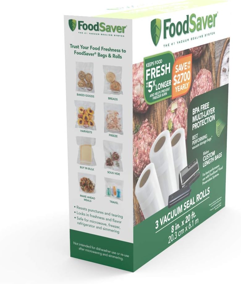 FoodSaver 8" x 20' Vacuum Seal Roll with BPA-Free Multilayer Construction for Food Preservation, 3-Pack: Kitchen & Dining