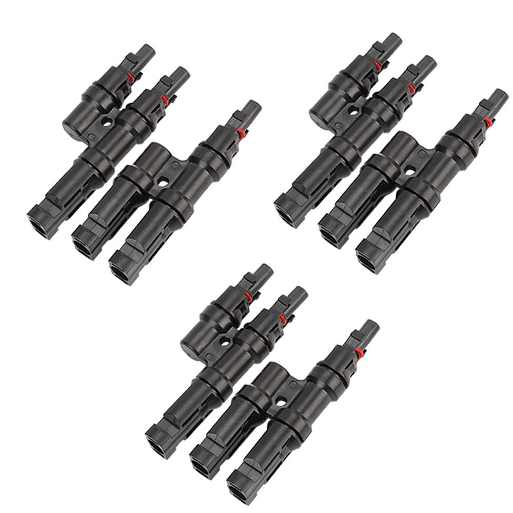 Aiqeer 3 Pairs Solar Panel Cable Connector, Solar Photovoltaic Connector T Branch Connector MFF/FMM (Black)