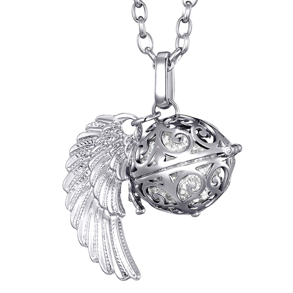 Morella Women Necklace Stainless Steel 70 cm 27,5" with Ornament with Angel Wing Pendant with Sound Ball Zirkonia White Ø 16 mm 0,63" in a velvet jewelry bag