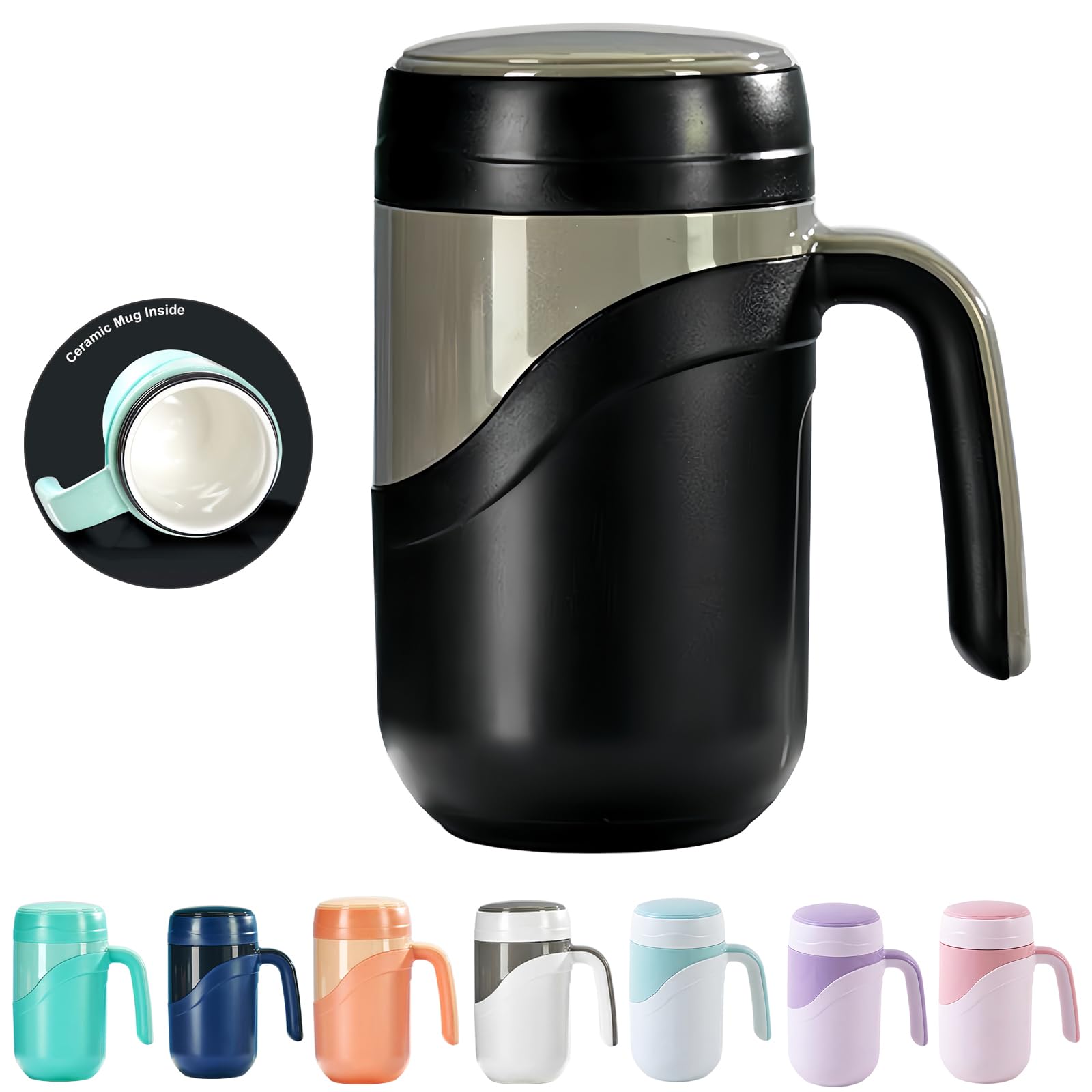 Klaraber Ceramic Travel Mug 12oz, 350ml Ceramic Liner Insulated Mug with Leak Proof Lid and Handle, Perfect for Coffee or Tea, Suitable for Using at Home, Office or School(Black) — image 1