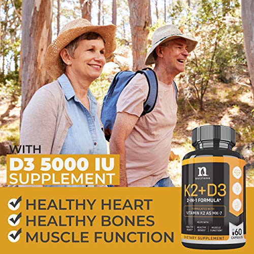 Vitamin K2 with D3 5000 IU Supplement - Vitamin D and K Complex - Bone and Heart Health Vitamin D3 K2 MK7 Formula - 5000 IU Vitamin D3 & 90 MCG Vitamin K2 MK-7-60 K2 D3 Vitamin Capsules