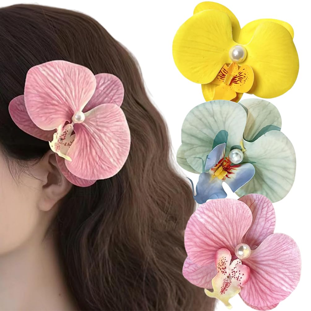 Photo 1 of 3 Pieces Orchid Flowers Hair Clip Hawaiian Butterfly Orchid Hair Barrettes, Bohemian Flower Headpiece for Women Girls Bridal Wedding Beach Hair Accessories (Yellow Green Pink)