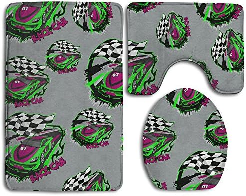 Race Car Flag Cartoon 3 Piece Doormat Non-Slip Mat Set Bath Rugs For Bath Toilet And Lid Cover
