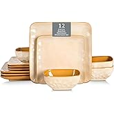vicrays Ceramic Square 12 Pieces Dinnerware Set - Dinner Plates Salad Plates Cereal Bowls Set Service for 4 - Scratch Resistant Microwave Oven Dishwasher Safe - Beige