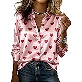 Womens Long Sleeve Button Down Satin Shirts Cute Heart Print Valentine's Day Date Night Outfit 2026