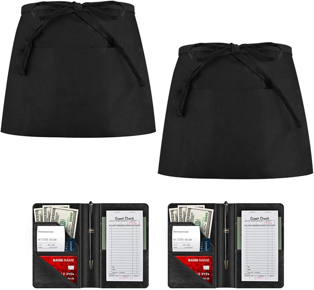 Syntus 2 Apron & 2 Waiter Book Sets – Server Book for Waitress Waiter Organizer with Guest Check Book Holder Money Pocket, 100% Cotton Waitress Waist Apron Set Perfect for Restaurant Waitstaff: Clothing