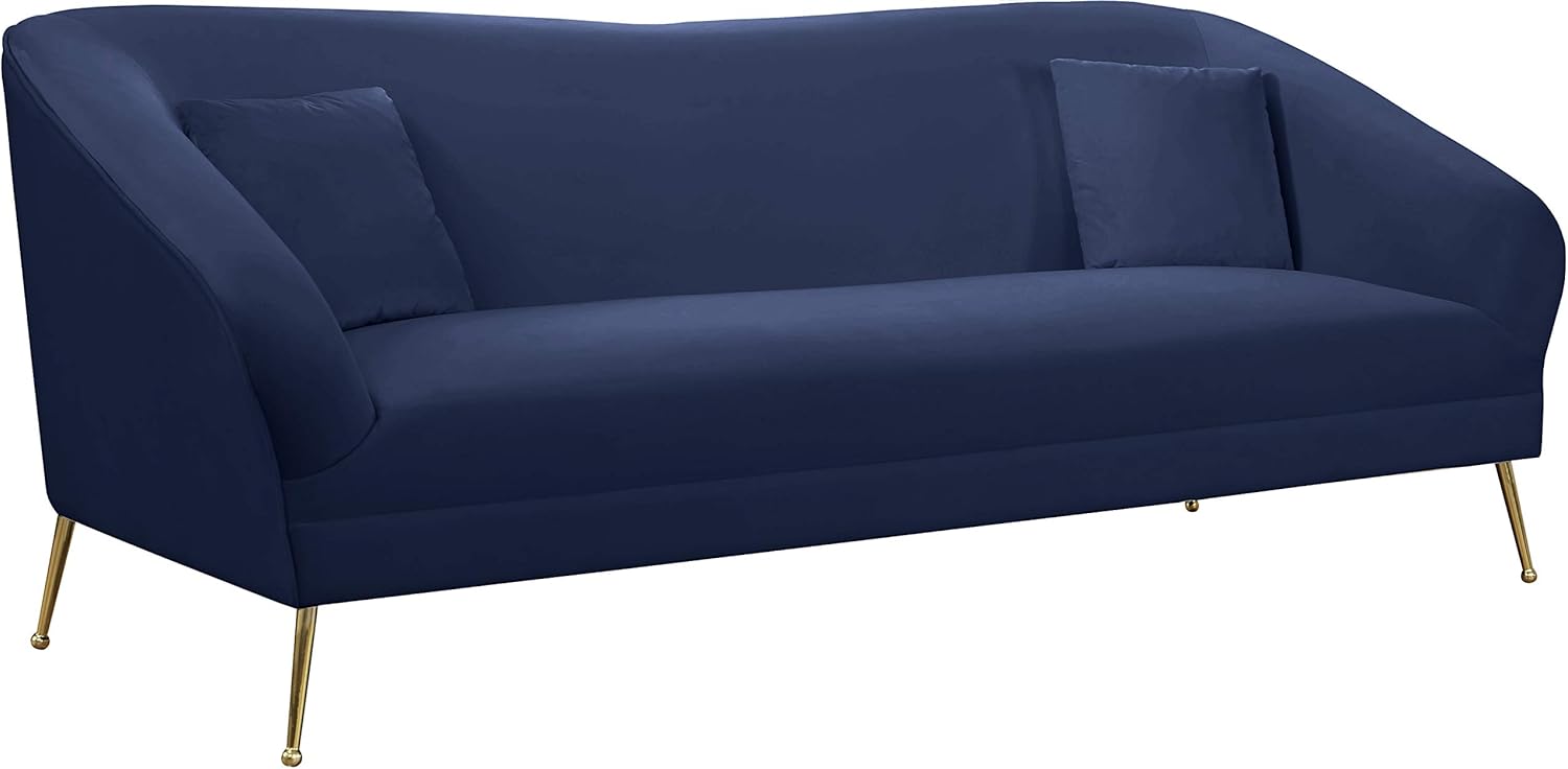 Meridian Furniture Hermosa Collection Modern | Contemporary Velvet Upholstered Sofa with Curved Arms and Ball Designed Custom Gold Legs, 87" W x 34.5" D x 34.25" H, Navy