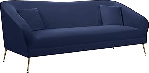 Meridian Furniture Hermosa Collection Modern | Contemporary Velvet Upholstered Sofa with Curved Arms and Ball Designed Custom Gold Legs, 87" W x 34.5" D x 34.25" H, Navy
