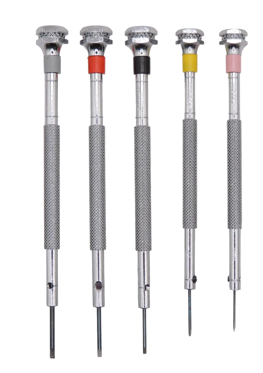 KD89 Horotec MSA01.095 Set of 5 Classic Watchmakers Screwdrivers Chrome-Plated Brass with Standard Bits Diameter 0.60-0.80-1.00-1.2-1.4 mm