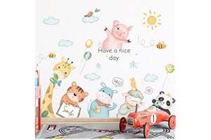 LEISENOR Animals Wall Decals Cute Background Wall Giraffe Tiger Mianyang Panda Children's Room Bedroom Classroom Decoration Wall Stickers Nursery Kids Room Wall Decor(Nice Day)