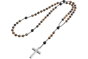 Men's Rosary Necklace - Tiger Eye & Black Obsidian Cross Pendant, Handmade Catholic Beaded Rosary for Men - Tiger Eye