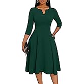 Nmoder Midi Dresses for Women A-Line Fit and Flare Dress 3/4 Sleeve V Neck Cocktail Wedding Guest Work Dress with Pockets