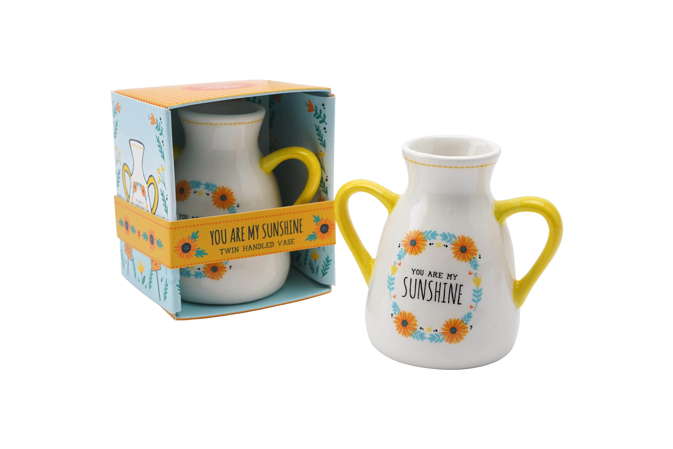 CGB Giftware | Ceramic Twin Handled Floral Bud Vase | ‘You Are My Sunshine’ | Sunflower Flowers |Yellow | Gift Box | Gift For Home | Live Happy Range | GB06553
