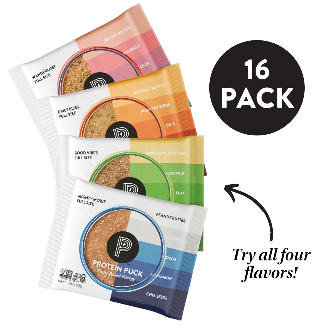 Protein Puck Plant Based Bars | Snacks with Vegan Protein | 16 Count | 3.25 oz Full Size | Gluten Free, Non Dairy, Kosher Certified Non GMO Premium Healthy Bars | Variety Pack