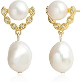 Handmade Freshwater Cultured Baroque Pearl Dangling Drop Earrings for Women, 14K Gold Plated