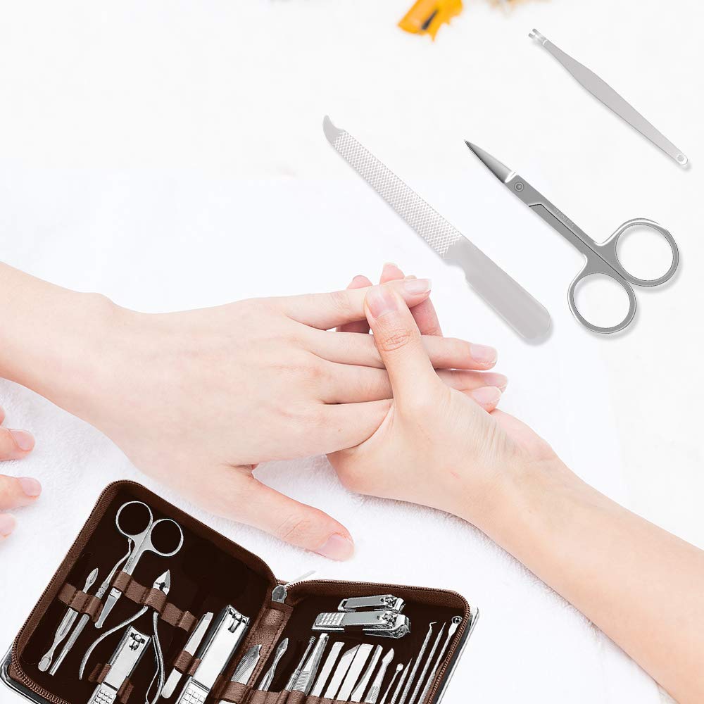 KITCCI Nail Clippers, Manicure Tools 26 in 1 Nail Set, Pedicure, Toenail Clippers, Fingernail Clippers with Leather Case, Nail Set Kit with Everything Professional (BROWN) : Beauty