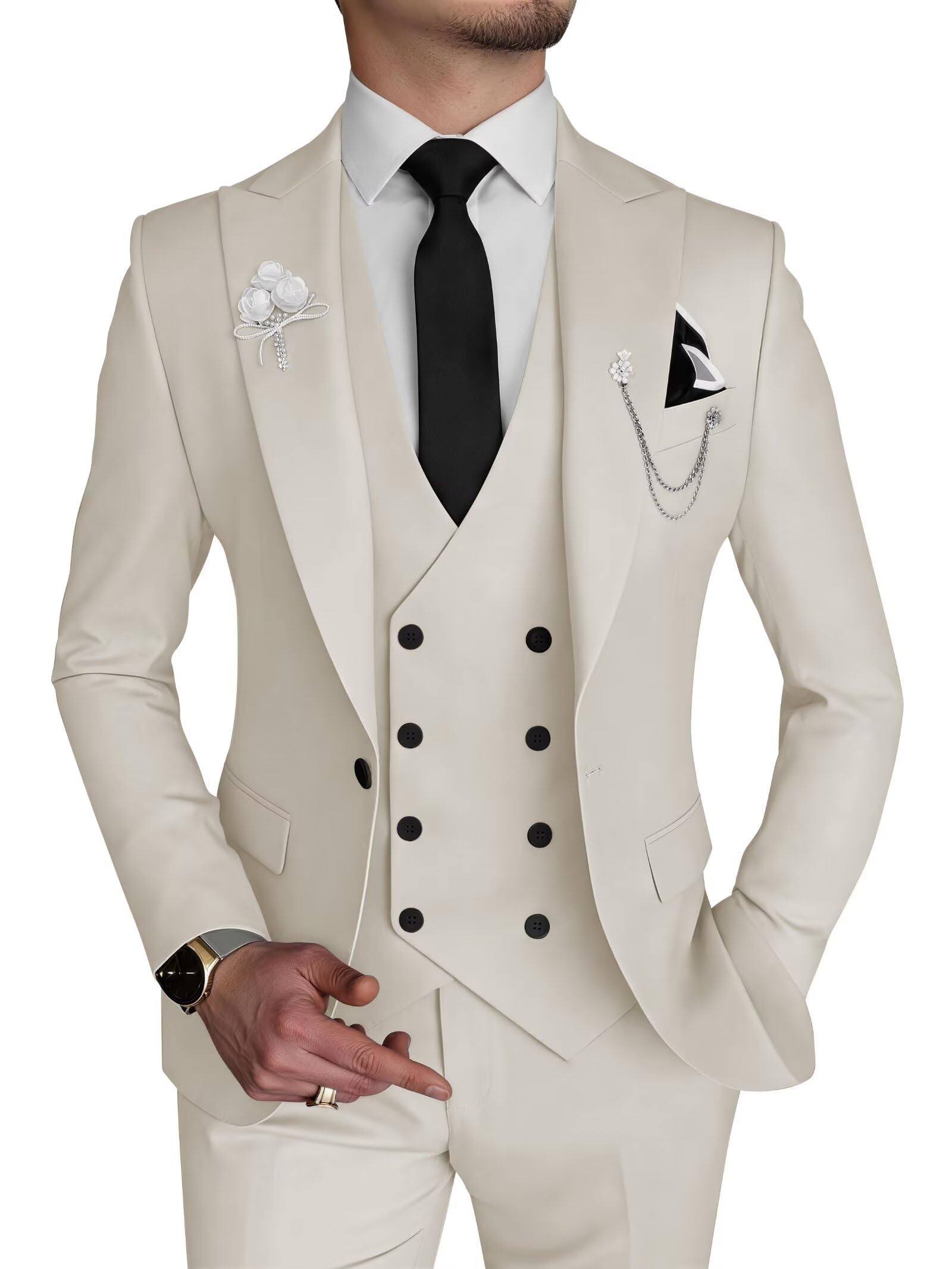 Photo 1 of Wangyue Mens Beige Suit 3 Piece Slim Fit Suits for Men Double Breasetd Suit Men Prom Wedding Dinner, XS