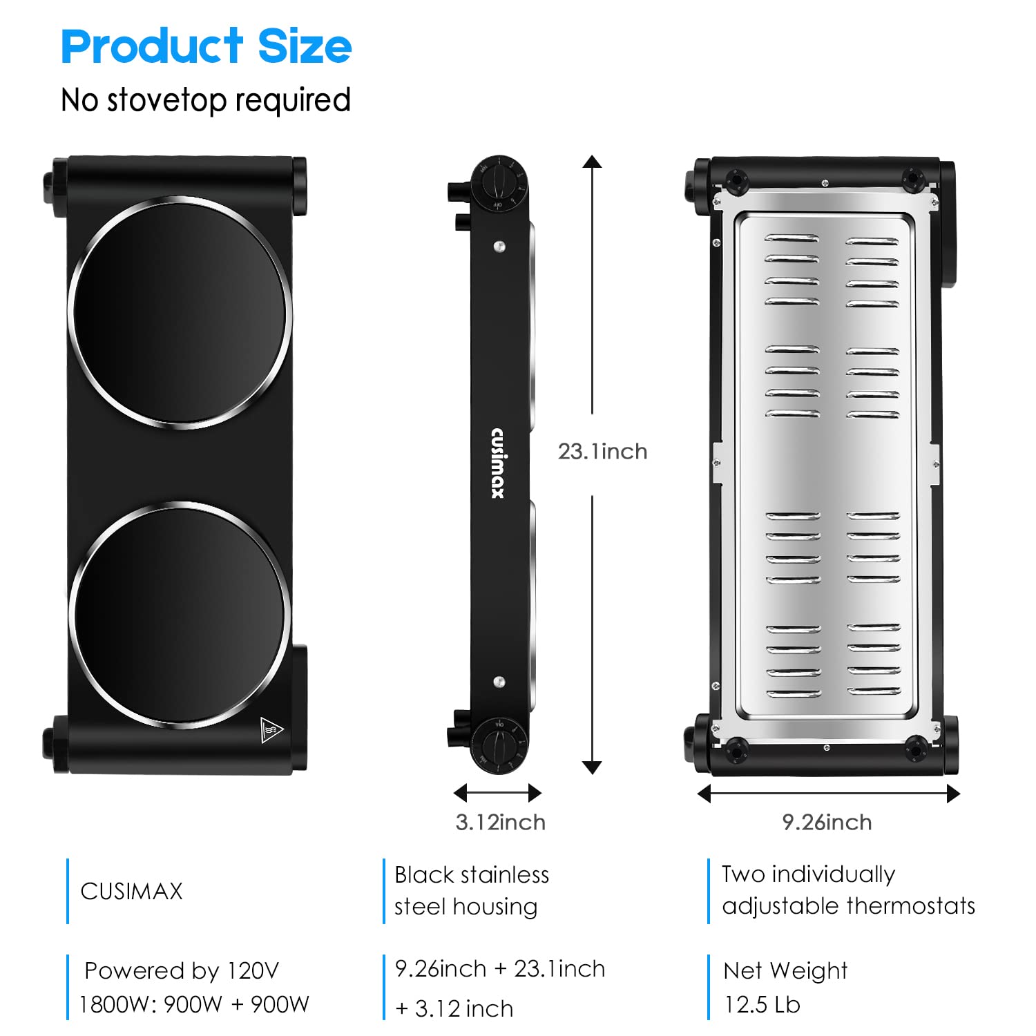 Cusimax Electric Stove, 1800W Infrared Hot Plate, 7 Inch Ceramic Glass Portable Double Burner Cooktop for Dorm Office Home Camp, Compatible w/All Cookware, Heat-up In Seconds-Upgraded Version