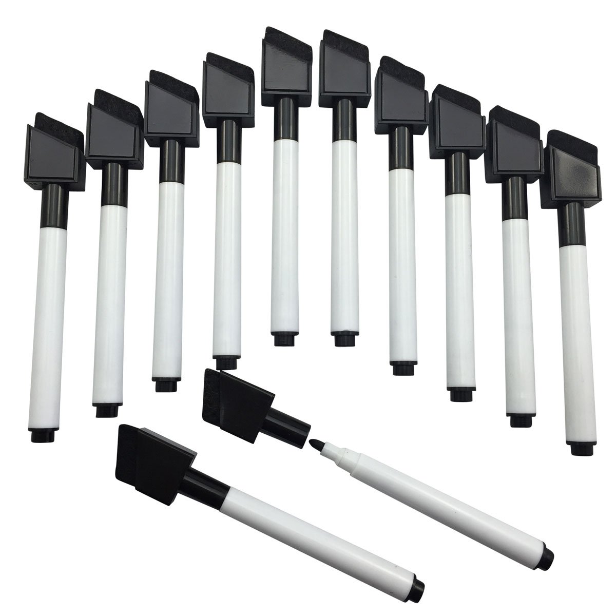 Seal & Store 12 NEW Shaped Black Magnetic Dry Wipe Pens White Board Markers Built in Eraser