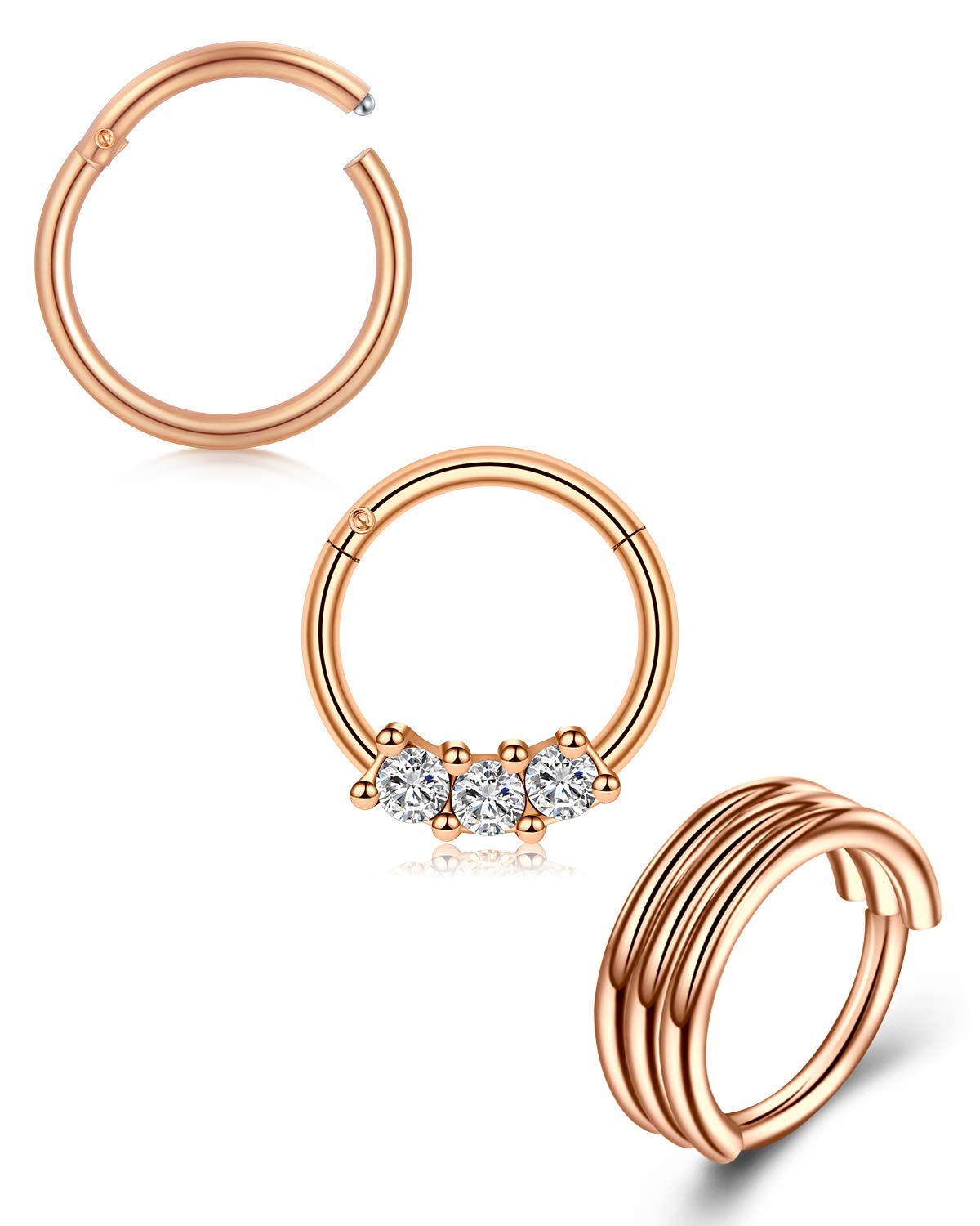 Mayhoop 18G Nose Rings Septum Piercing Surgical Steel Rose Gold 10mm Helix Hoop Clicker Rings Tragus Daith Rook Earrings Piercing Jewellery 3Pcs