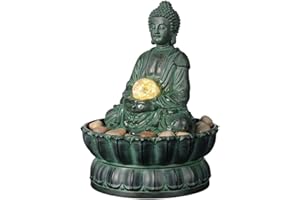 HAOBOS Indoor Tabletop Fountain Buddha Exquisite Sitting Meditation Statue, Desk-Top Water Fountain Decorative Zen Fountain w/Glass Rolling Ball/LED/Stone for Office/Home/feng Shui Decor 9.4"
