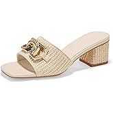 GotSoft Women's Raffia Slide Sandals Square Open Toe Sandal Chunky Heeled Metal Chain Dressy Shoes