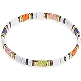 Sonateomber Colorful Tila Flat Beads Stretch Bracelets for Women, Trendy Unique Handmade Stackable Rainbow Mixed Colorful Square Beaded Link Bracelet Summer Jewelry Gift