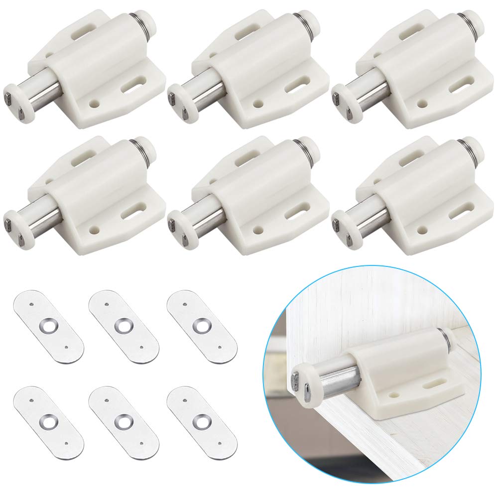 KBNIAN 6 PCS Magnetic Door Catch Push Open Magnetic Touch Latch Plastic Soft Close Strong Spring Loaded Magnetic Closure with Strike for Cabinet Cupboard Wardrobe Room Kitchen Bathroom (White)