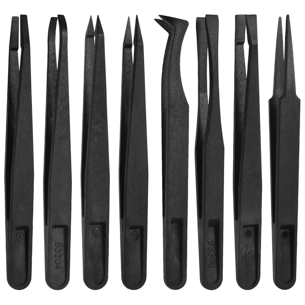 MMOBIEL 8Pcs Anti-Static Multifunctional Plastic Precision Tweezers Set, Slant Flat Tip Tweezer Pointy/Curved Tips Tweezers for Electronics, Jewelry-Making, Laboratory Work, Repair Black