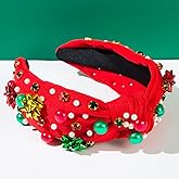 Jumwrit Christmas Wide Top Knot Headband with Pearl Rhinestone for Women Non Slip Sparkly Crystal Embellished Hair Band Snowflake Decoration Fashion Hair Accessories Holiday Hair Hoop (Red, 7*5.9inch)