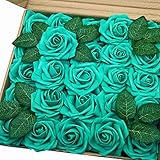Jing-Rise Wedding Bouquets Rose 50PCS Artificial Flowers Foam Roses With Stem for DIY Bridal Bridesmaids Bouquets Wedding Baby Shower Home Birthday Party Anniversary Floral Decoration (Teal Green)