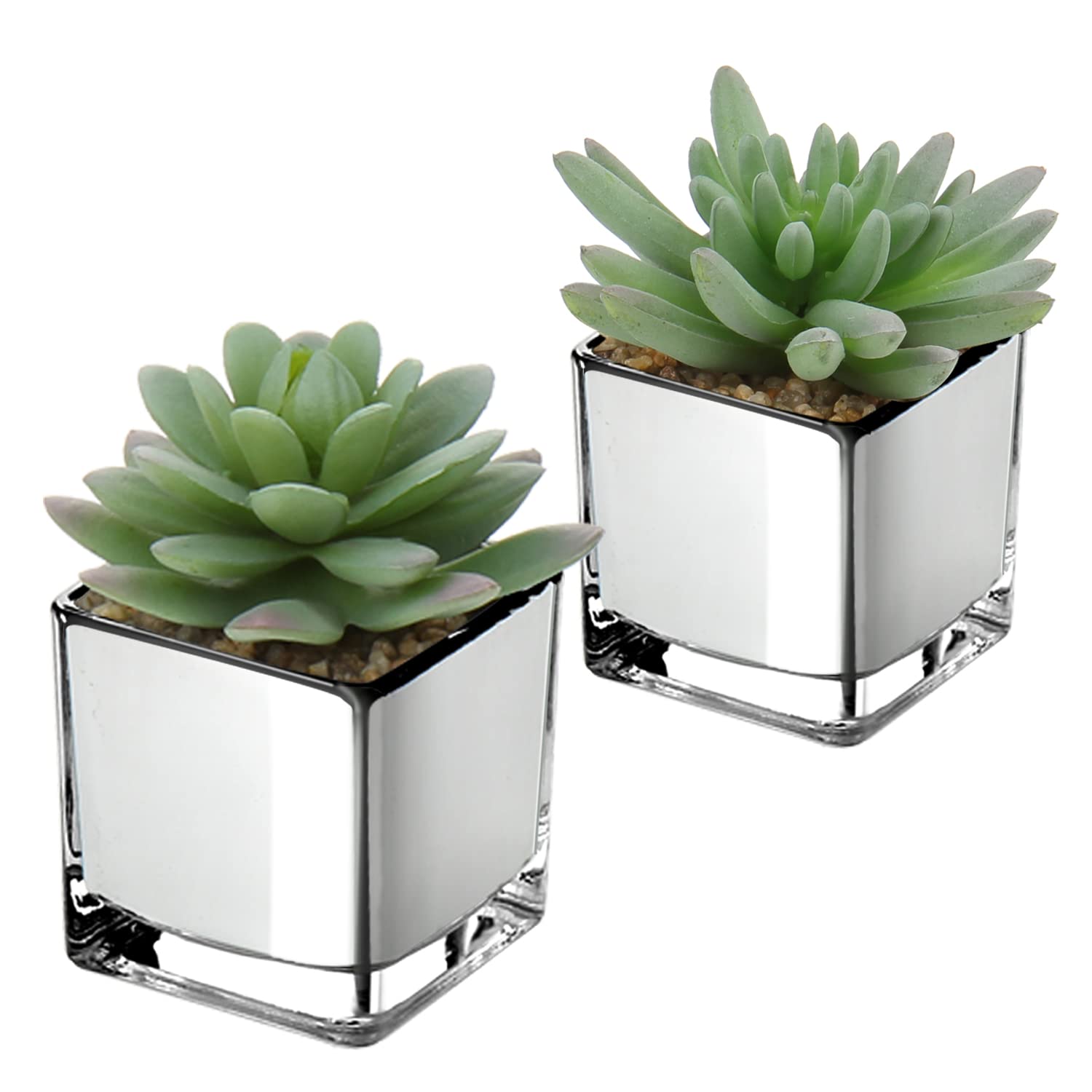 Briful Mini Artificial Succulent Plants, Set of 2 Faux Succulents in Galvanized Glass Pot Modern Fake Plants Plastic Succulents for Centerpiece Bathroom Shelf Bedroom Decor