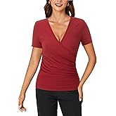 KIFOVEN Women’s Short Sleeve Tee Shirt Deep V Neck Wrap Ruched Slim Fit T Shirt Blouse Top