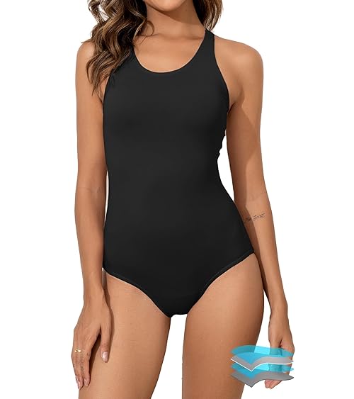 kiniswim Teen Period Swimwear One Piece Leakproof Menstrual Racerback Swimsuit Athletic Bathing Suit for Teen Girls Black