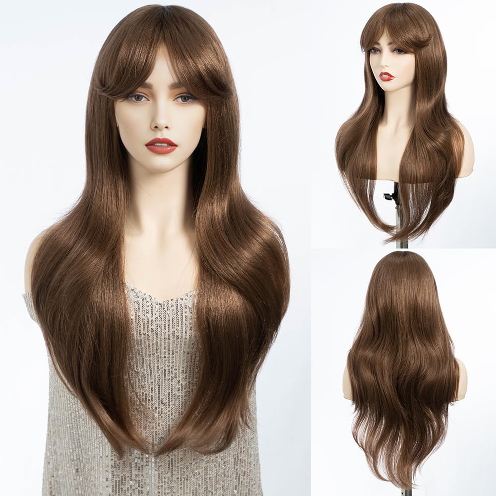 DÉBUT Long Brown Wig With Fringe for Women Heat Resistant Synthetic Layered Hair Wigs With Bangs for Daily Party Cosplay Use（26 inches, 6）