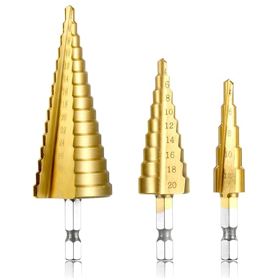 3tlg HSS Stufenbohrer Satz, Qibaok Titanbeschichtet Hex Shank Schneiden Konusbohrer Kegelbohrer für Edelstahl Metall Holz Kun