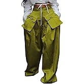 Vakkest Women's Casual Satin Cargo Pants Baggy Wide Leg Folds Pants Streetwear High Waist Palazzo Trousers with Flap Pockets