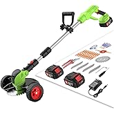 Cordless Electric Weed Wacker Battery Powered, 21v Lightweight Weed Trimmer Eater With 2 4.0Ah Battery Operated & Charger & Wheels & Shears, 3 In1 Grass Trimmer/Brush Cutter/Lawn Edger for Yard Garden