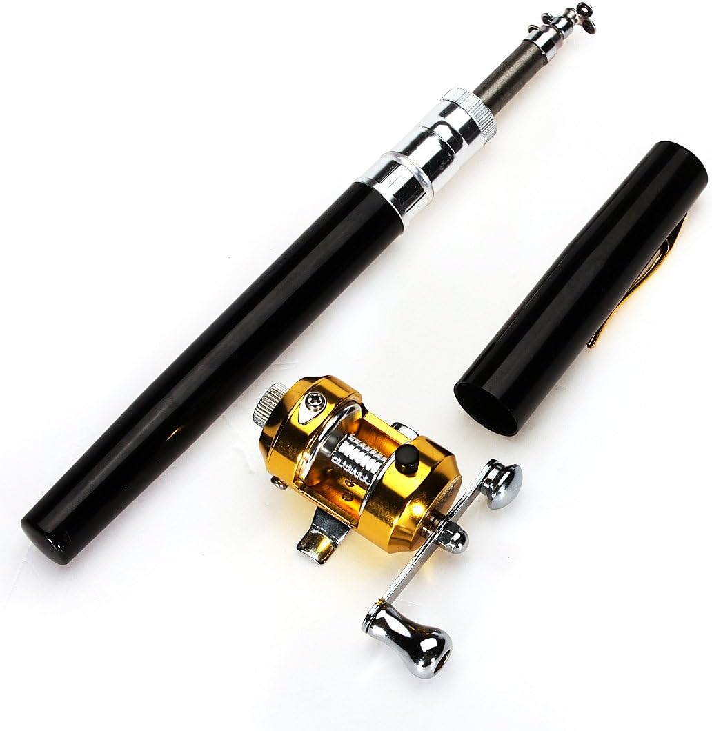 FamilyMall Mini Portable Pocket Fish Pen Shape Aluminum Alloy Fishing Rod Pole Reel Combos