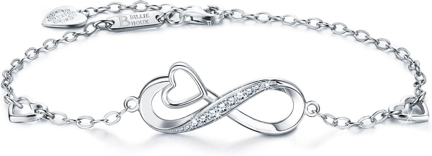 Billie Bijoux 925 Sterling Silver Infinity Heart Endless Love Symbol Charm Adjustable Bracelet White Gold Plated Women’ s Gift for Mother's Day