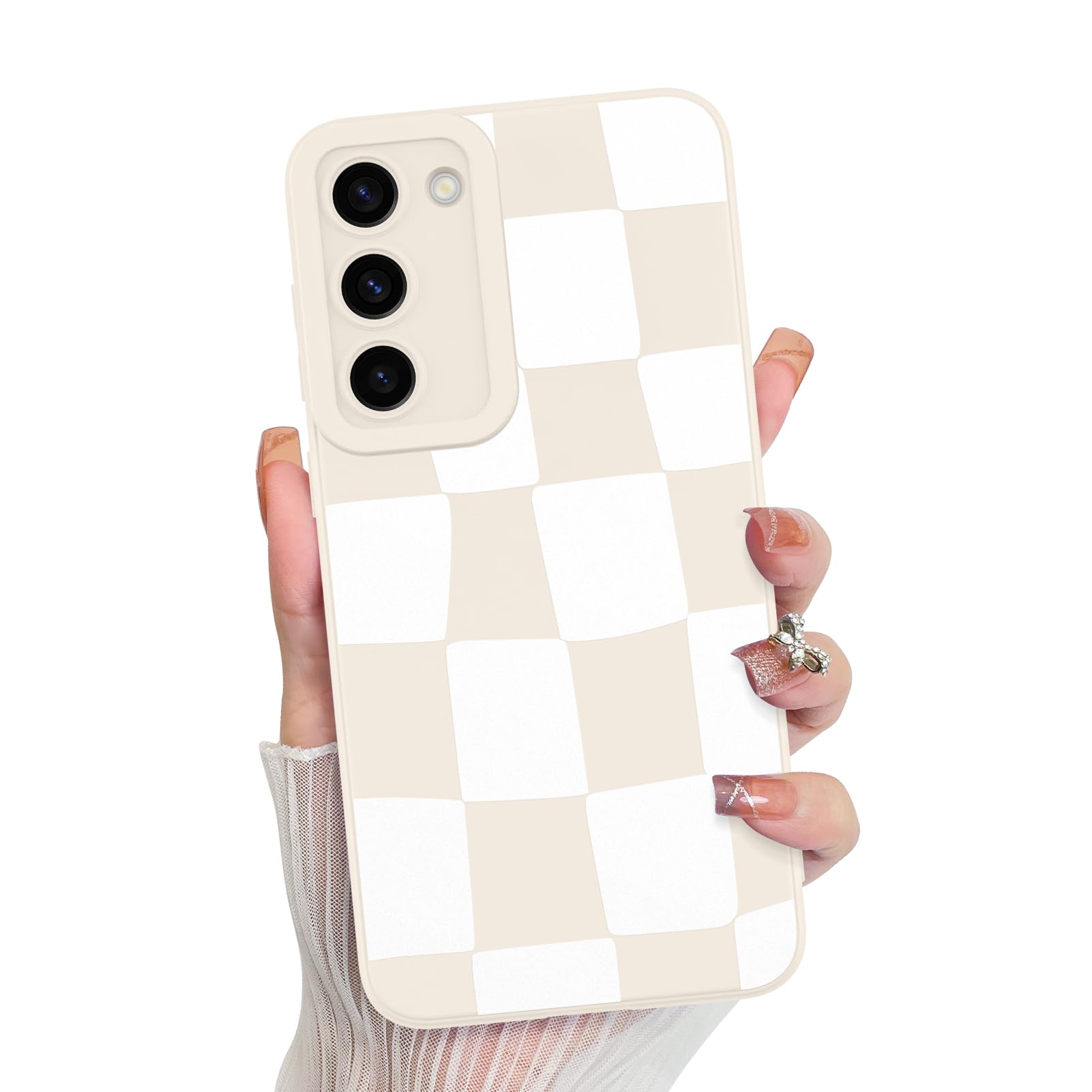 KANGHAR Compatible with Samsung Galaxy S23 Plus Case, Silicone Checkered Cute Pattern, Camera Protection Soft Slim Phone Case for Girls Women -White